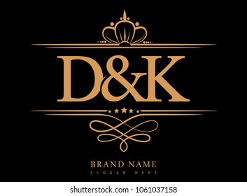 D&K Initial logo, Ampersand initial logo gold with crown and classic pattern