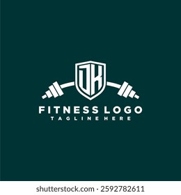 DK initial monogram for fitnes or gym logo with creative shield and barbell design