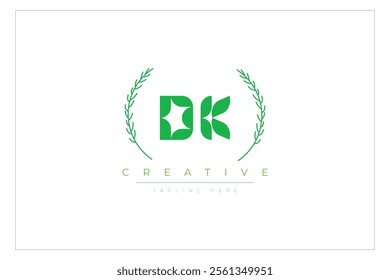 DK letters eco logo with leaf. Fresh nature and healthy leaf logo design.