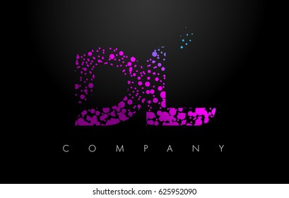 DL D L Letter Logo with Purple Blue Particles and Bubble Dots Design Vector.