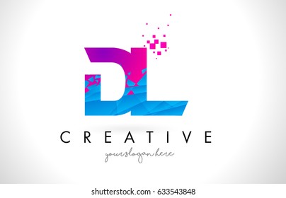 DL D L Letter Logo with Broken Shattered Blue Pink Triangles Texture Design Vector Illustration.