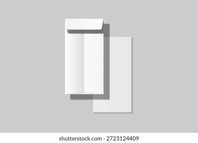 DL envelope mockup with blank paper mockup on neutral background, clean stationery composition for corporate branding, business correspondence, mailing design, invitation layout, print presentation	