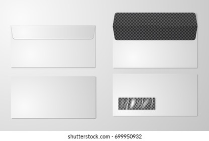 DL Envelopes mockup front and back view, vector illustration. Set of blank realistic envelopes mockup. Blank paper envelopes for your design. Blank envelopes. Photo-realistic vector illustration.