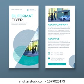 DL Flyer design. Blue business template for dl flyer. Layout with modern circle photo and abstract background. Creative flyer or brochure concept.