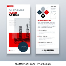 DL flyer design layout. Black Red DL Corporate business template for flyer. Layout with modern elements and abstract background. Creative concept vector flyer.
