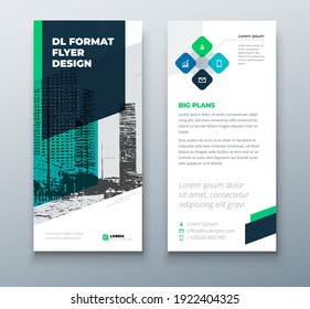 DL flyer design layout. Black Green DL Corporate business template for flyer. Layout with modern elements and abstract background. Creative concept vector flyer.