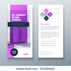 DL flyer design layout. Black purple DL Corporate business template for flyer. Layout with modern elements and abstract background. Creative concept vector flyer.