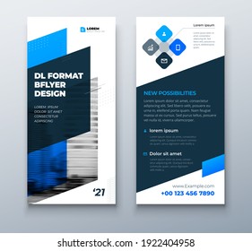 Diseño de volante DL. Modelo de negocio Black Blue DL Corporate para volante. Disposición con elementos modernos y fondo abstracto. Volante de vectores de concepto creativo.