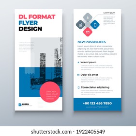 DL flyer design layout. Black Blue DL Corporate business template for flyer. Layout with modern elements and abstract background. Creative concept vector flyer.