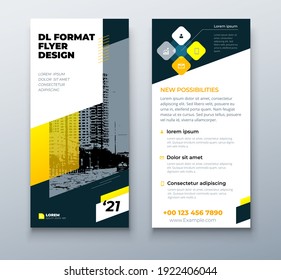 DL flyer design layout. Black Yellow DL Corporate business template for flyer. Layout with modern elements and abstract background. Creative concept vector flyer.