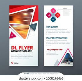 DL Flyer design. Red, orange template dl flyer banner. Layout with modern triangle photo and abstract background. Creative concept flyer, banner or brochure.