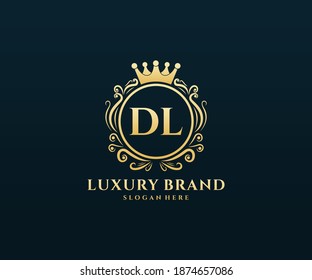 DL Initial Letter Gold kalligraphische feminine Blütenhandgezeichnet heraldische Monogramm antike Vintage Stil Luxus Logo Design.