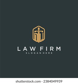DL initial logo monogram with shield and sword style design for law firm