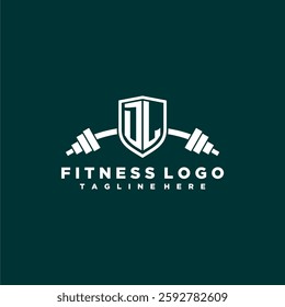 DL initial monogram for fitnes or gym logo with creative shield and barbell design
