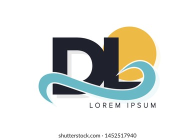 DL letter logo with ocean waves and sunset. Beach concept design