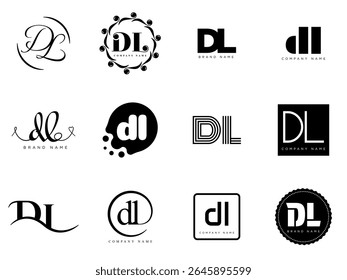 DL logo company template. Letter d and l logotype. Set different classic serif lettering and modern bold text with design elements. Initial font typography. Collection trendy business identity.