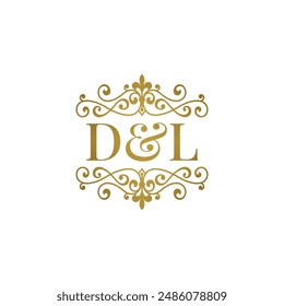 Logotipo DL con adorno dorado. Iniciales D ampersand L para socio de negocios o símbolo de boda	