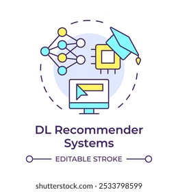 DL recommender systems multi color concept icon. Deep learning, technology. Data processing. Round shape line illustration. Abstract idea. Graphic design. Easy to use article, blog post