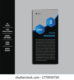 DL Vector Flyer Design with blue shapes. and place for photo. Template black and blue flyers for business and advertising.