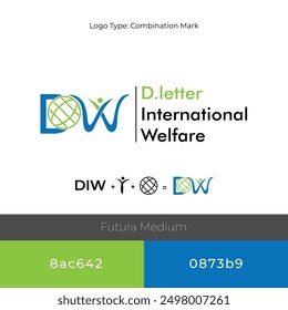 D.letter international welfare logo mockup vector fully editable with colors with their codes use font futura with some signs and object 