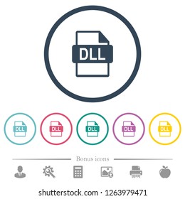 DLL file format flat color icons in round outlines. 6 bonus icons included.