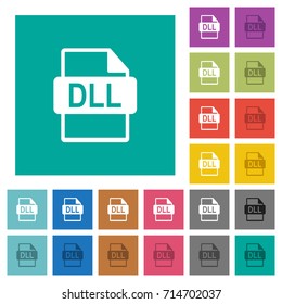 DLL file format multi colored flat icons on plain square backgrounds. Included white and darker icon variations for hover or active effects.