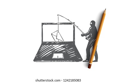 DLP, espionage, virus, penetration, dangers concept. Hand drawn hacker breaks mail on the computer concept sketch. Isolated vector illustration.