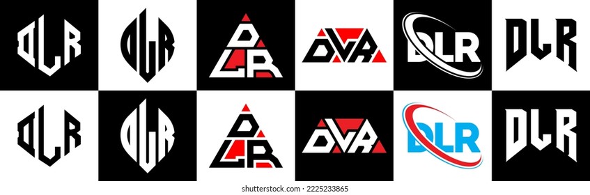 Diseño del logo de la carta DLR en seis estilos. Polígono DLR, círculo, triángulo, hexágono, de estilo plano y sencillo con el logotipo de la letra de variación en color blanco y negro en un tablero. Logo DLR de estilo minimalista y clásico