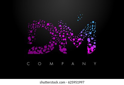 DM D M Letter Logo with Purple Blue Particles and Bubble Dots Design Vector.