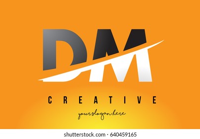 DM D M Letter Modern Logo Design with Swoosh Cutting the Middle Letters and Yellow Background.