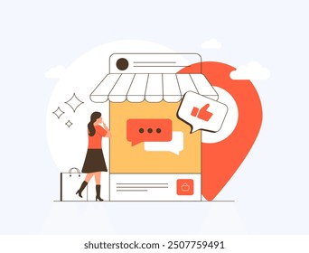 DM - Mensajería Directa para Empresas. Compras en línea y venta social de marketing digital. Mujer mira el producto en las redes sociales y piensa en escribir Ilustración vectorial de mensajes directos