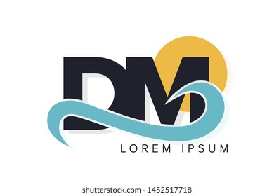 DM letter logo with ocean waves and sunset. Beach concept design