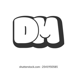 Logotipo DM, bolhas de letras cômicas, arredondado em estilo graffiti silhueta preto e branco. Texto de carta da pré-escola da moda D e M para a festa do festival, iniciais pessoais, impressão funky das crianças e web. 