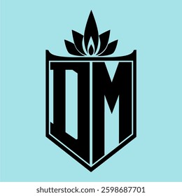 DM Logo featuring a minimalist design with a crown-like flower symbol on top, bold black elements, and a soft blue background, perfect for branding and modern visual identity.