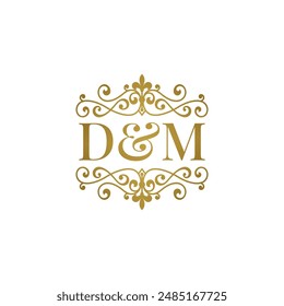 DM logo with gold ornament. Initials D ampersand M for business partner or wedding symbol	