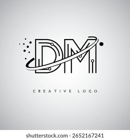 DM Orbit Monogram Logo – Futuristic Minimal Letter mark with Circular Line Art, Tech-Inspired Dots and Space Motion Concept for Modern Branding Identity