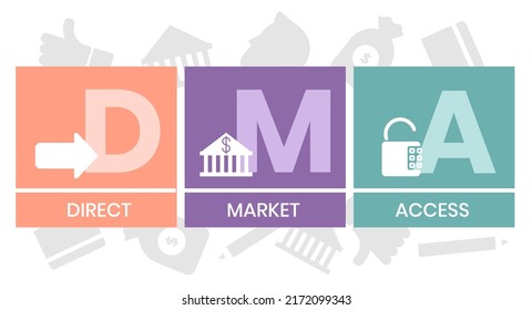 DMA - Acrónimo de acceso directo al mercado. fondo de concepto de negocio. concepto de ilustración vectorial con palabras clave e iconos. ilustración con iconos para banner web, volante, página de inicio