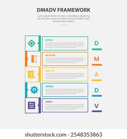 Estilo de esquema de infografía de marco DMADV con Plantilla de 5 puntos con contenedor de caja cuadrada y rectangular afilado en posición de pila de Vertical para Vector de presentación de diapositivas