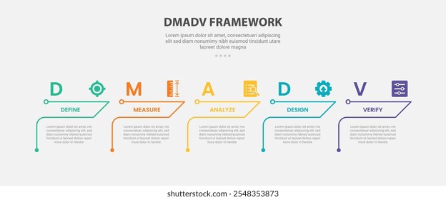 DMADV framework infographic outline style with 5 point template with creative table content with arrow line header for slide presentation vector