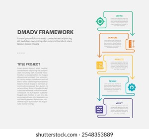 Estilo de esquema de infografía de marco DMADV con Plantilla de 5 puntos con estructura de pila de Vertical creativa con dirección inferior de flecha para Vector de presentación de diapositivas