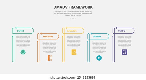 Estilo de esquema de infografía de marco DMADV con Plantilla de 5 puntos con tabla abierta con encabezado de flecha hacia arriba y hacia abajo para Vector de presentación de diapositivas