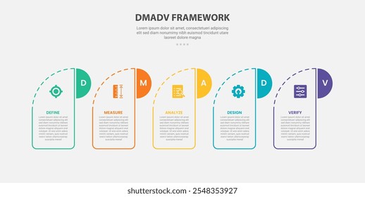 Estilo de esquema de infografía de marco DMADV con Plantilla de 5 puntos con caja creativa con encabezado redondo e insignia de medio círculo para Vector de presentación de diapositivas