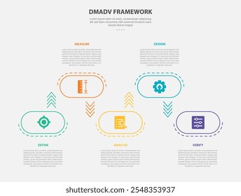 Estilo de contorno infográfico da estrutura de trabalho DMADV com modelo de 5 pontos com caixa retangular redonda para cima e para baixo na direção horizontal para o vetor de apresentação de slides