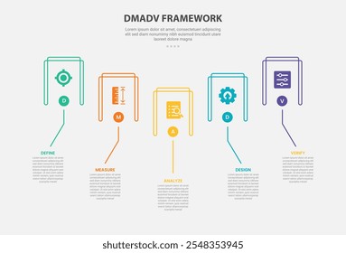 Estilo de esquema de infografía de marco DMADV con Plantilla de 5 puntos con caja rectangular abierta con descripción apuntando a la línea para Vector de presentación de diapositivas