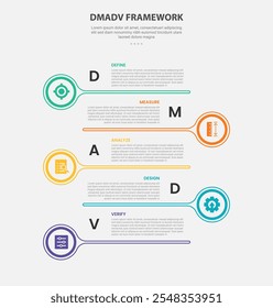 Estrutura DMADV estilo de contorno infográfico com modelo de 5 pontos com círculo grande e linha longa com posição oposta para vetor de apresentação de slide