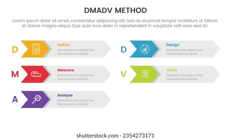 dmadv six sigma framework methodology infographic with arrow box right direction information 5 point list for slide presentation