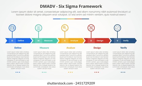 DMADV six sigma framework methodology concept for slide presentation with creative arrow header circle point with 5 point list with flat style vector