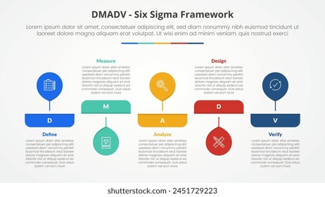 DMADV six sigma framework methodology concept for slide presentation with big balloon horizontal up and down with 5 point list with flat style vector
