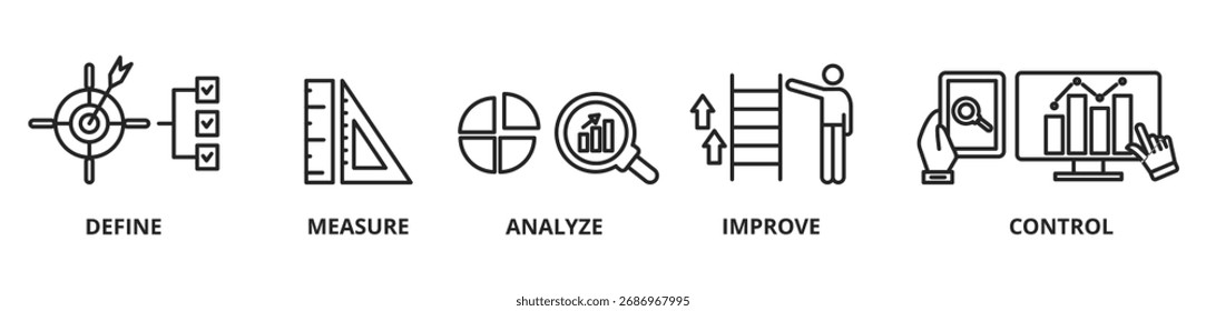 DMAIC es un acrónimo de Define, Measure, Analyze, Improve and Control - concepto de Ilustración vectorial de Anuncio con Palabras claves e íconos