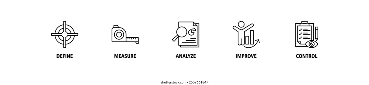 Dmaic banner web icon set vector illustration concept of define measure analyze improve control with icon of management, performance, development, target, growth icons perfect symbol background 